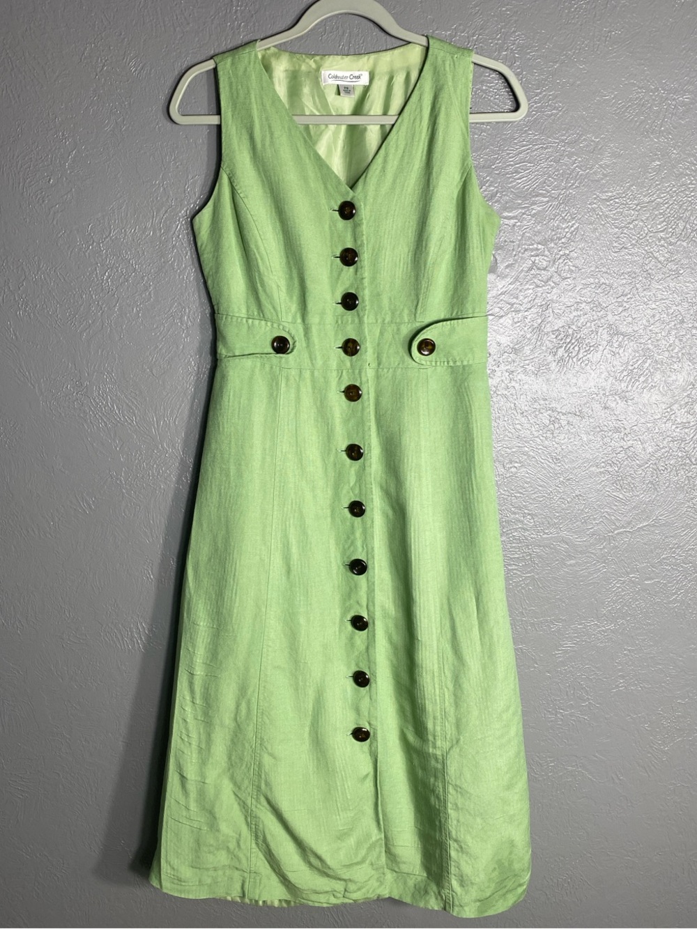 Coldwater Creek Linen Blend Dress P8 Pistachio Green Button Front Fit Flare Midi - Picture 2 of 11